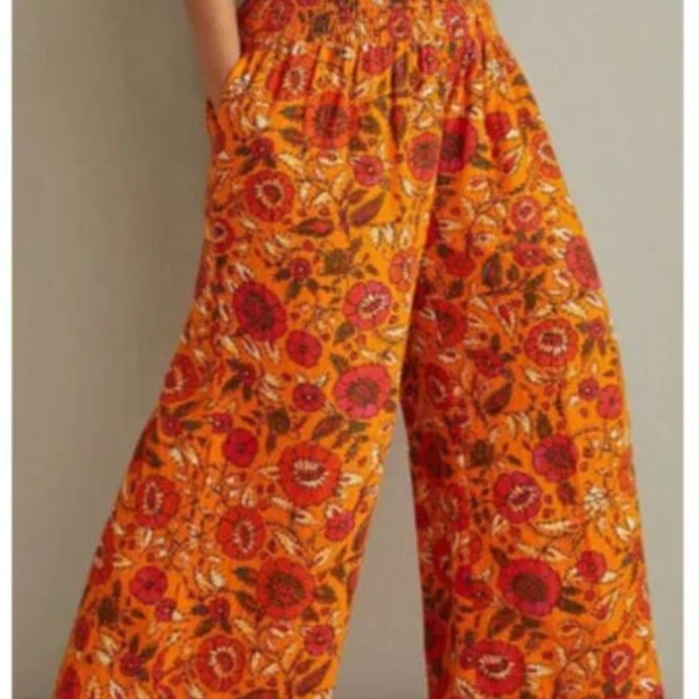 Anthropologie 3X NWT Smocked Gauzy Wide-Leg Pants New Floral Orange